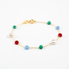 PULSEIRA INFANTIL 3 PEROLAS CORAÇÃO E PEDRAS COLORIDAS