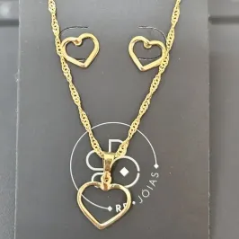 CONJUNTO CORAÇÃO VAZADO ELO SINGAPURA GARGANTILHA E BRINCO
