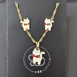 CONJUNTO INFANTIL GATO ELO SINGAPURA GARGANTILA E BRINCO