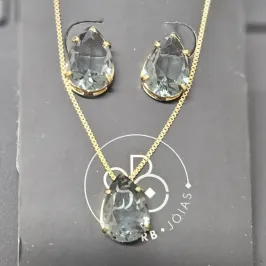 CONJUNTO PEDRA GOTA CORES VARIADAS GARGANTILHA E BRINCO