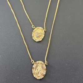 ESCAPULARIO OVAL COM PEDRAS NOSSA SENHORA E CORAÇÃO
