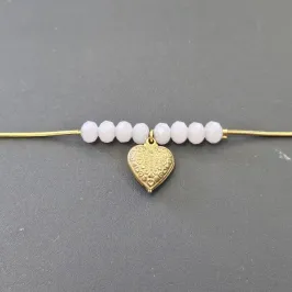 PULSEIRA RABO DE RATO COM PEDRAS ROSA E CORAÇÃO PENDURADO