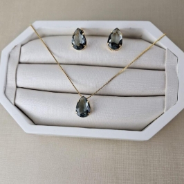 CONJUNTO PEDRA GOTA CORES VARIADAS GARGANTILHA E BRINCO