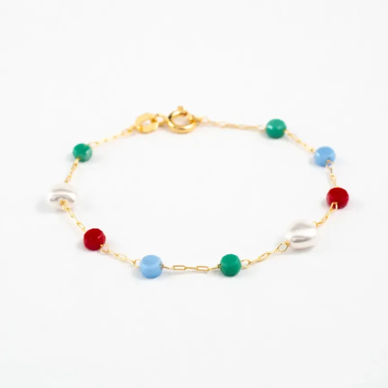 PULSEIRA INFANTIL 3 PEROLAS CORAÇÃO E PEDRAS COLORIDAS