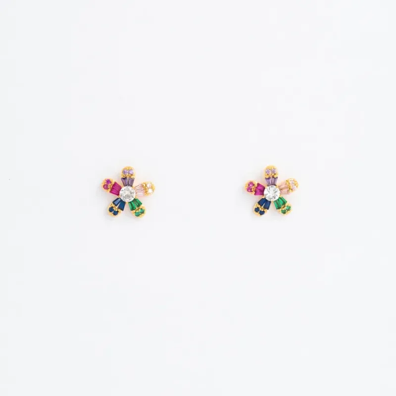 BRINCO FLOR PETALAS DE PEDRAS COLORIDAS E CRAVEJADO