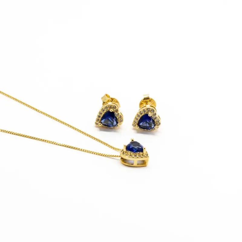 CONJUNTO CRAVEJADO CORAÇAO PEDRA AZUL