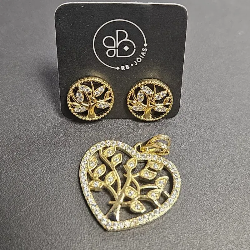 CONJUNTO ARVORE DA VIDA BRINCO E PINGENTE CRAVEJADO