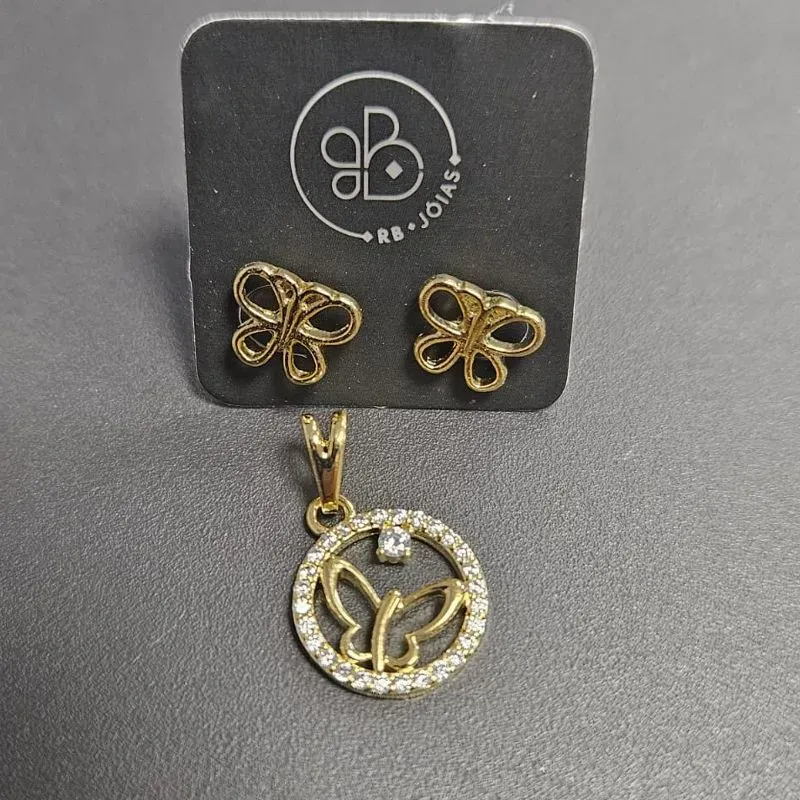 CONJUNTO BORBOLETA BRINCO E PINGENTE VAZADO E CRAVEJADO