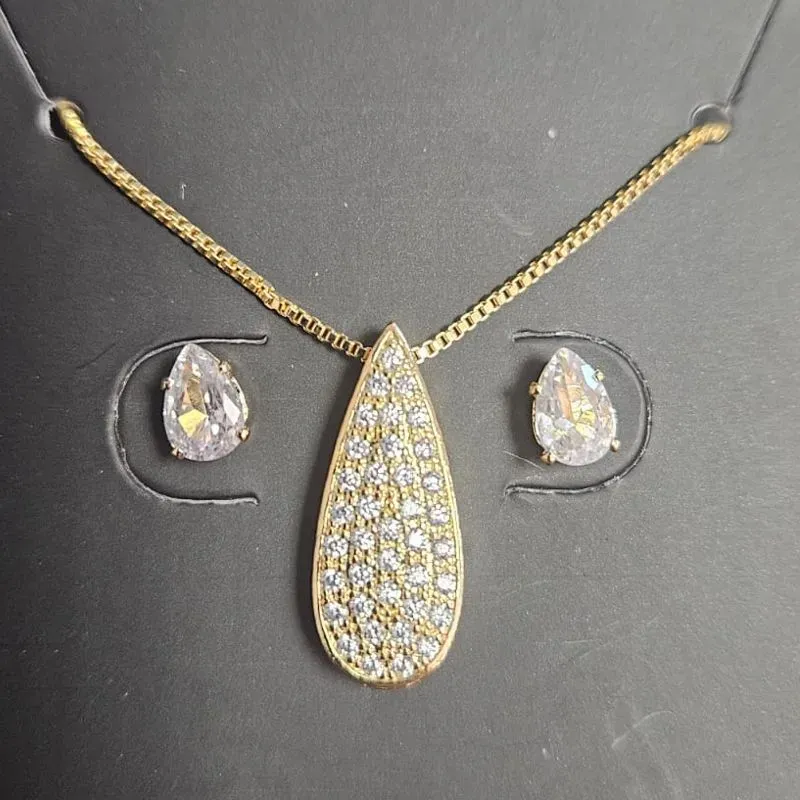 CONJUNTO GARGANTILHA GOTA CRAVEJADO BRINCO GOTA EM PEDRA