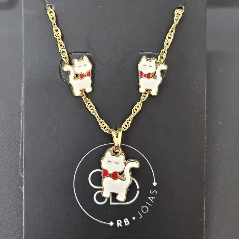 CONJUNTO INFANTIL GATO ELO SINGAPURA GARGANTILA E BRINCO