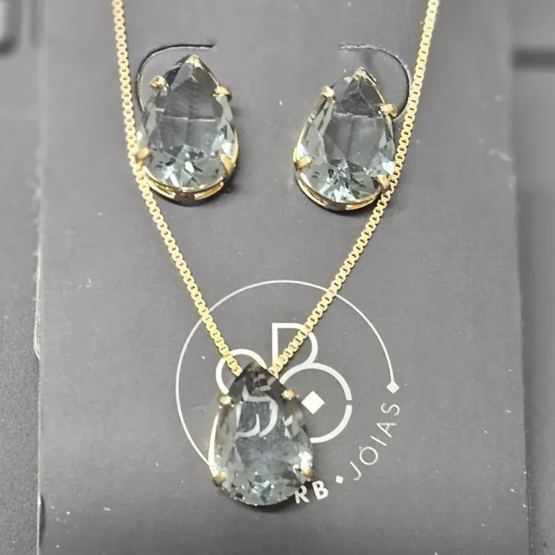 CONJUNTO PEDRA GOTA CORES VARIADAS GARGANTILHA E BRINCO