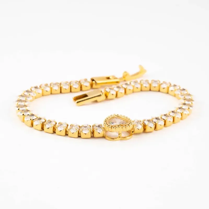 PULSEIRA CRAVEJADA PEDRA CRYSTAL COM CORAÇAO ESTILO RIVIERA
