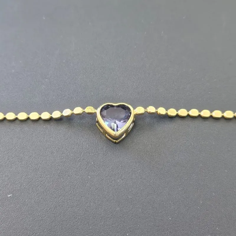 PULSEIRA ELO BOLINHA ACHATADA PEDRA CORACAO ROXO