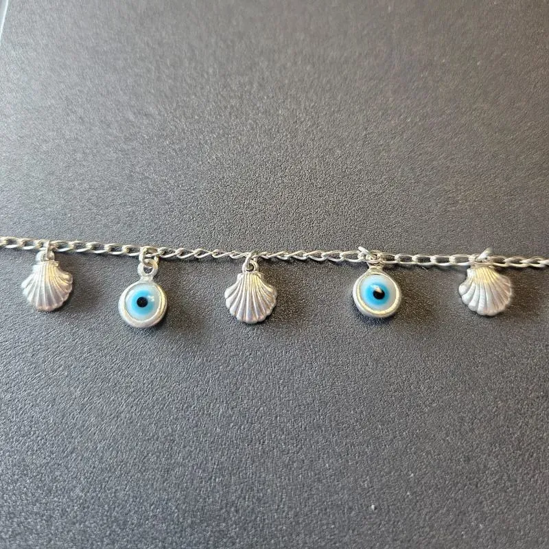 PULSEIRA PENDURADA OLHO GREGO REDONDO CONCHA ELO CADEADO