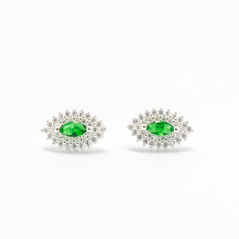 CONJUNTO OVAL CRAVEJADO PEDRA VERDE BRINCO E GARGANTILHA