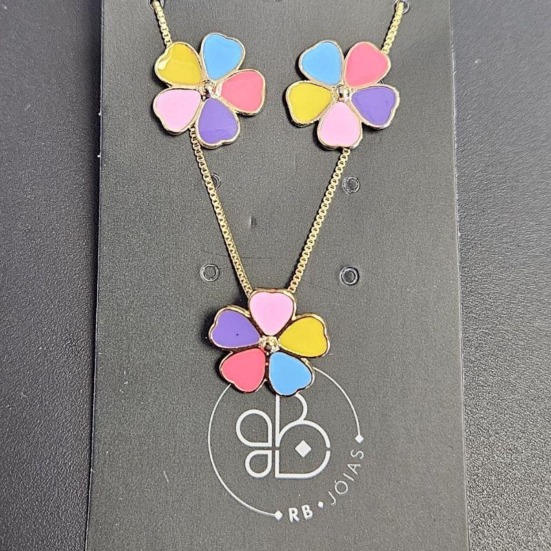 CONJUNTO BRINCO E GARGANTILHA FLOR ESMALTADO COLORIDO