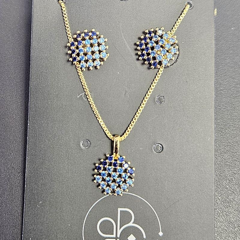 CONJUNTO BRINCO E GARGANTILHA REDONDO CRAVEJADO AZUL