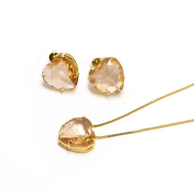 CONJUNTO PEDRA CORAÇÃO CORES VARIADAS GARGANTILHA E BRINCO
