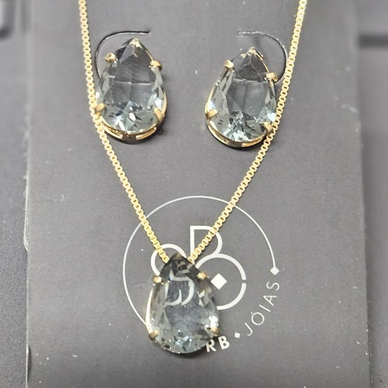 CONJUNTO PEDRA GOTA CORES VARIADAS GARGANTILHA E BRINCO