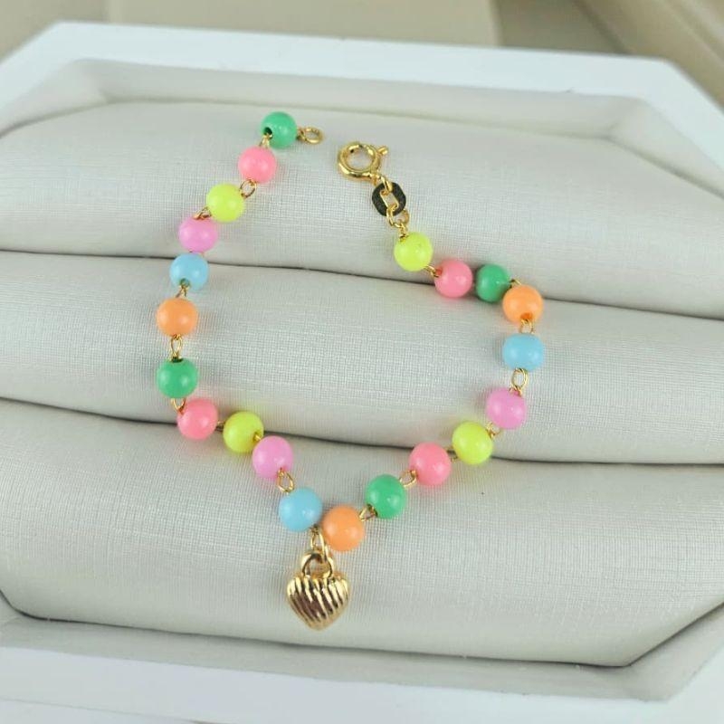 PULSEIRA INFANTIL COLORIDA PINGENTE CORAÇÃO