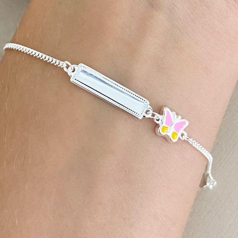 PULSEIRA INFANTIL PLACA BORBOLETA ROSA E AMARELO