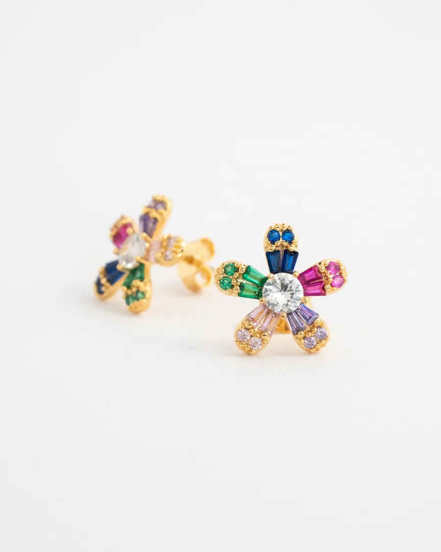 BRINCO FLOR PETALAS DE PEDRAS COLORIDAS E CRAVEJADO