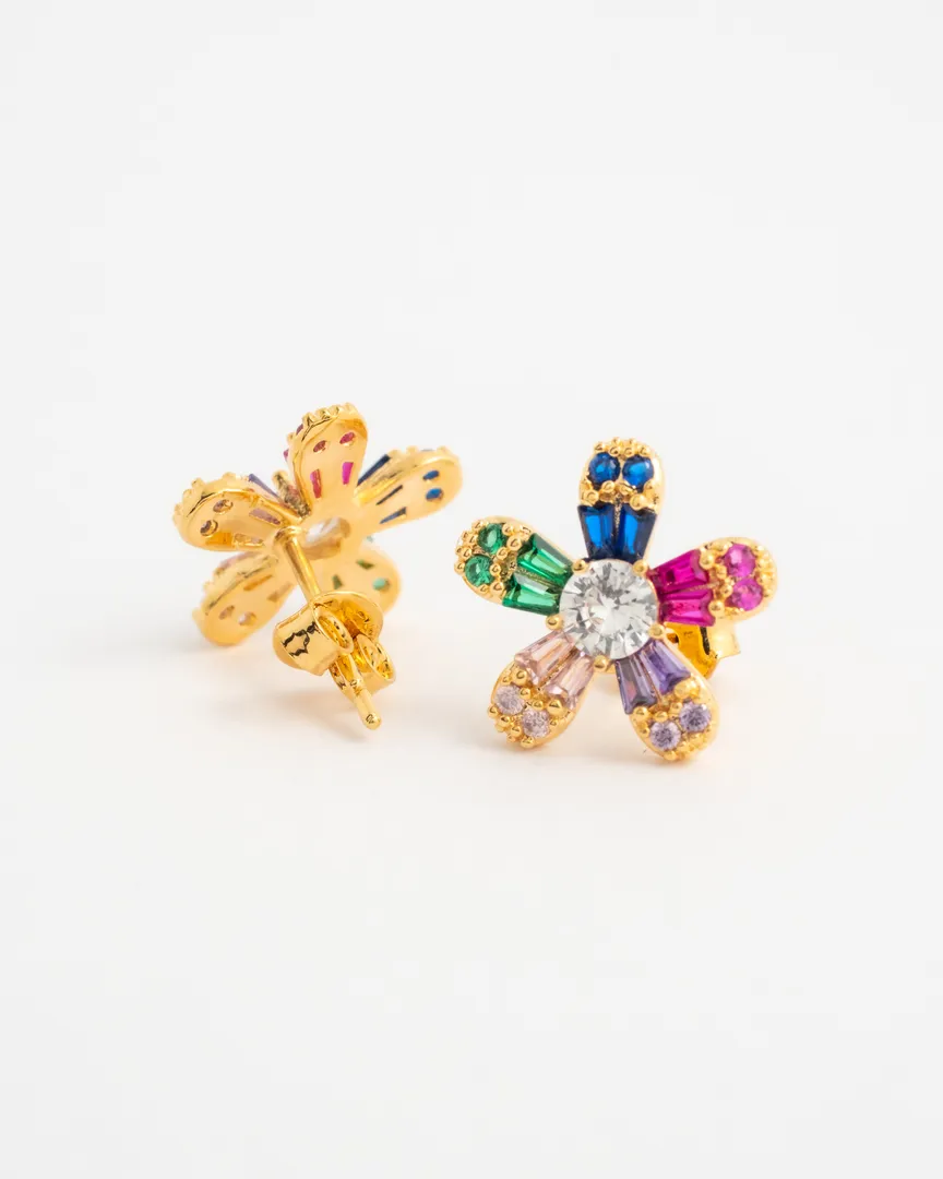 BRINCO FLOR PETALAS DE PEDRAS COLORIDAS E CRAVEJADO