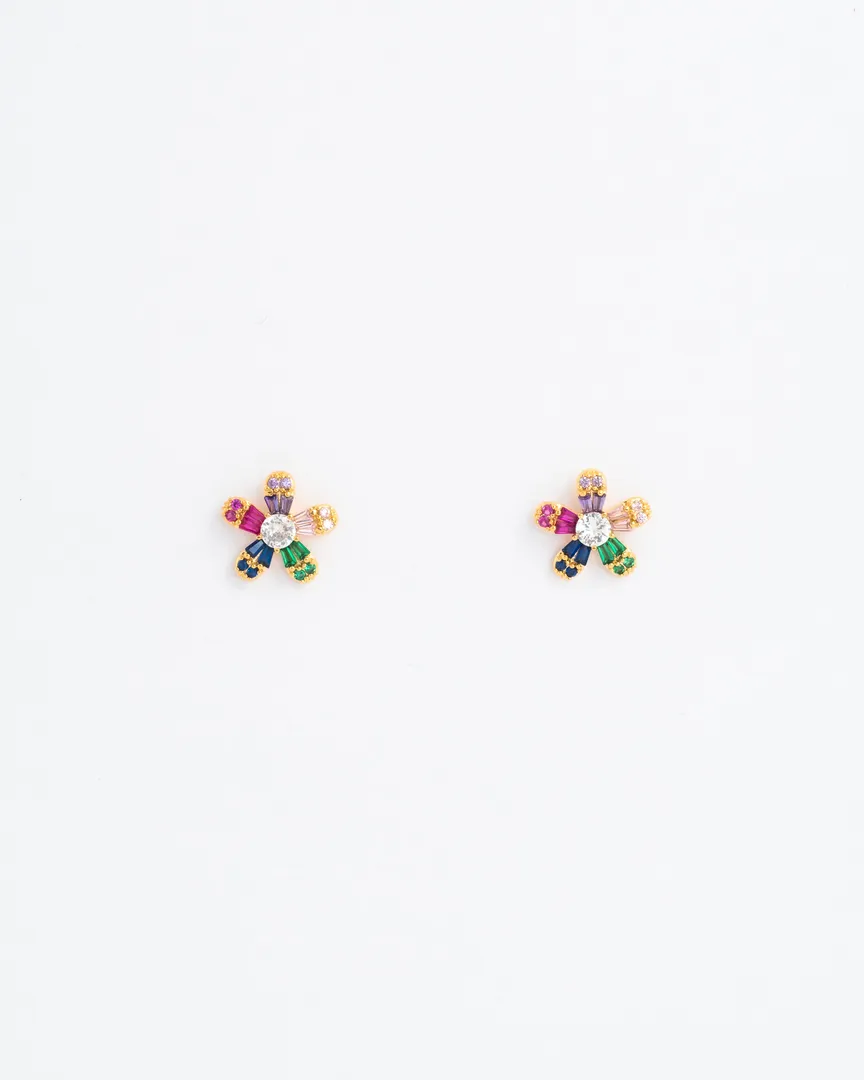 BRINCO FLOR PETALAS DE PEDRAS COLORIDAS E CRAVEJADO