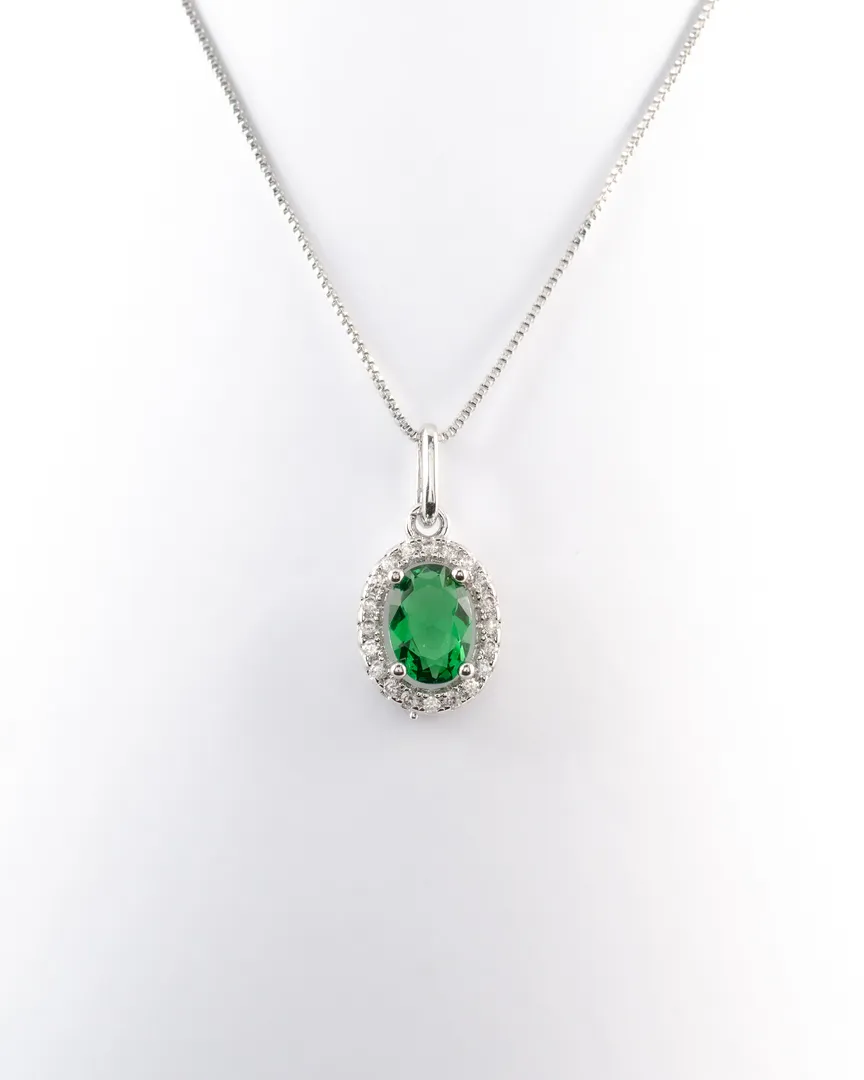 CONJUNTO BRINCO E GARGANTILHA COM BANHO DE RODIO PEDRA OVAL VERDE BORDA CRAVEJADA