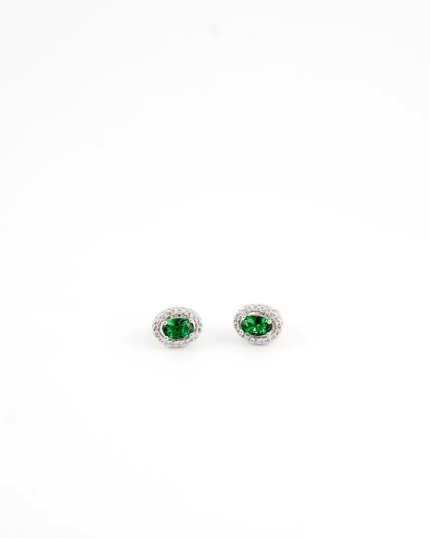 CONJUNTO BRINCO E GARGANTILHA COM BANHO DE RODIO PEDRA OVAL VERDE BORDA CRAVEJADA