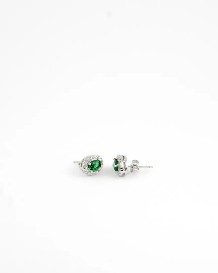 CONJUNTO BRINCO E GARGANTILHA COM BANHO DE RODIO PEDRA OVAL VERDE BORDA CRAVEJADA