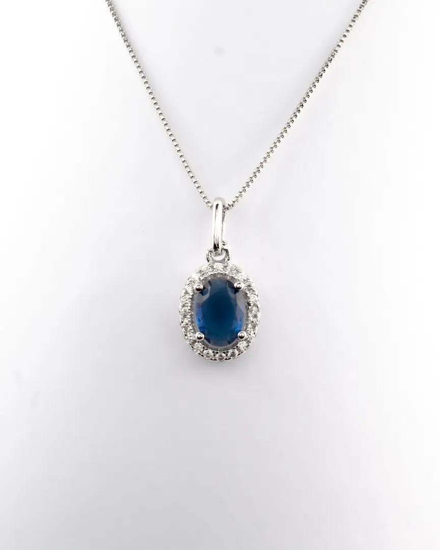 CONJUNTO BRINCO E GARGANTILHA COM BANHO DE RODIO PEDRA OVAL AZUL BORDA CRAVEJADA