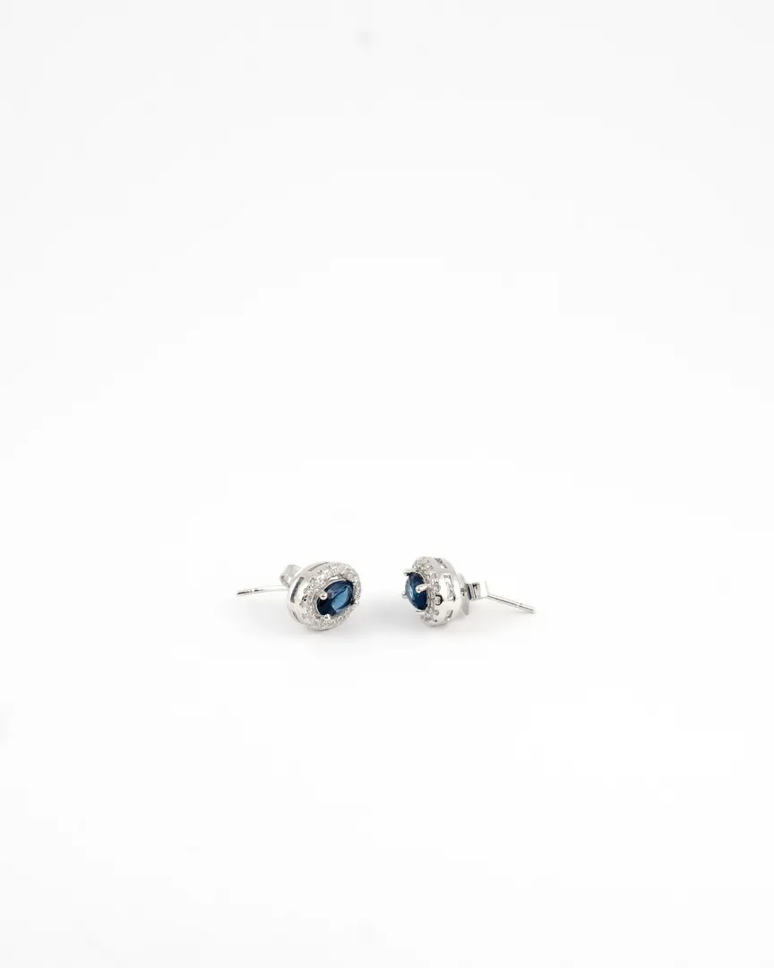 CONJUNTO BRINCO E GARGANTILHA COM BANHO DE RODIO PEDRA OVAL AZUL BORDA CRAVEJADA