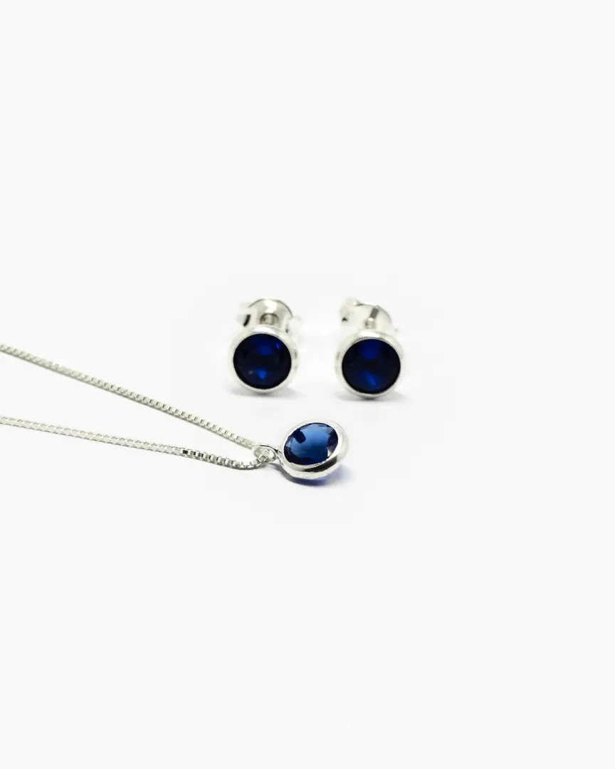 CONJUNTO PONTO DE LUZ PEDRA AZUL REDONDA BRINCO E GARGANTILHA