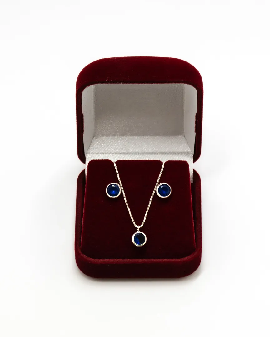 CONJUNTO PONTO DE LUZ PEDRA AZUL REDONDA BRINCO E GARGANTILHA