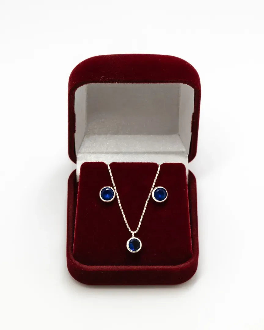 CONJUNTO PONTO DE LUZ PEDRA AZUL REDONDA BRINCO E GARGANTILHA