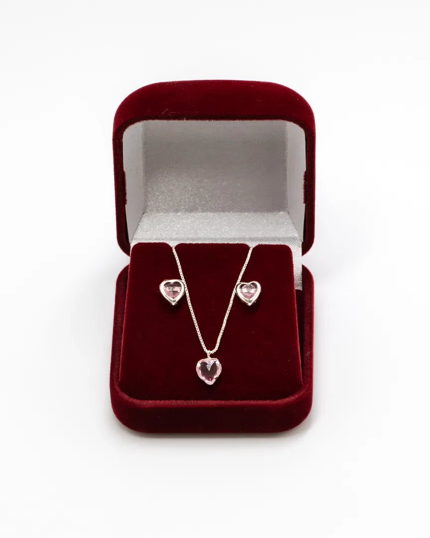 CONJUNTO PEDRA CORAÇÃO ROSA BRINCO E GARGANTILHA