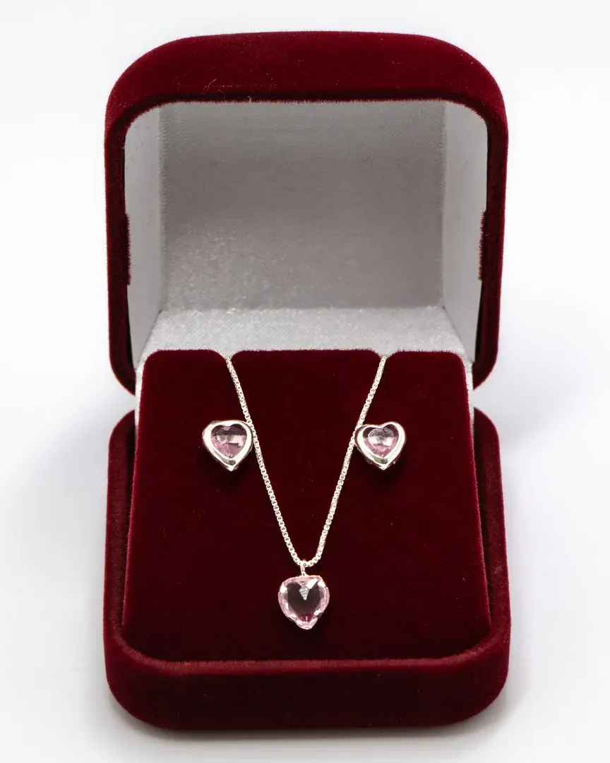CONJUNTO PEDRA CORAÇÃO ROSA BRINCO E GARGANTILHA