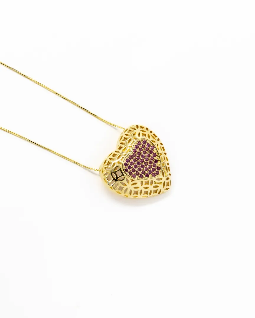 GARGANTILHA CORACAO TRABALHADO CHAVEJADO COM ZIRCONIA ROSA