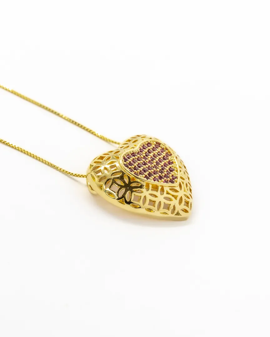 GARGANTILHA CORACAO TRABALHADO CHAVEJADO COM ZIRCONIA ROSA