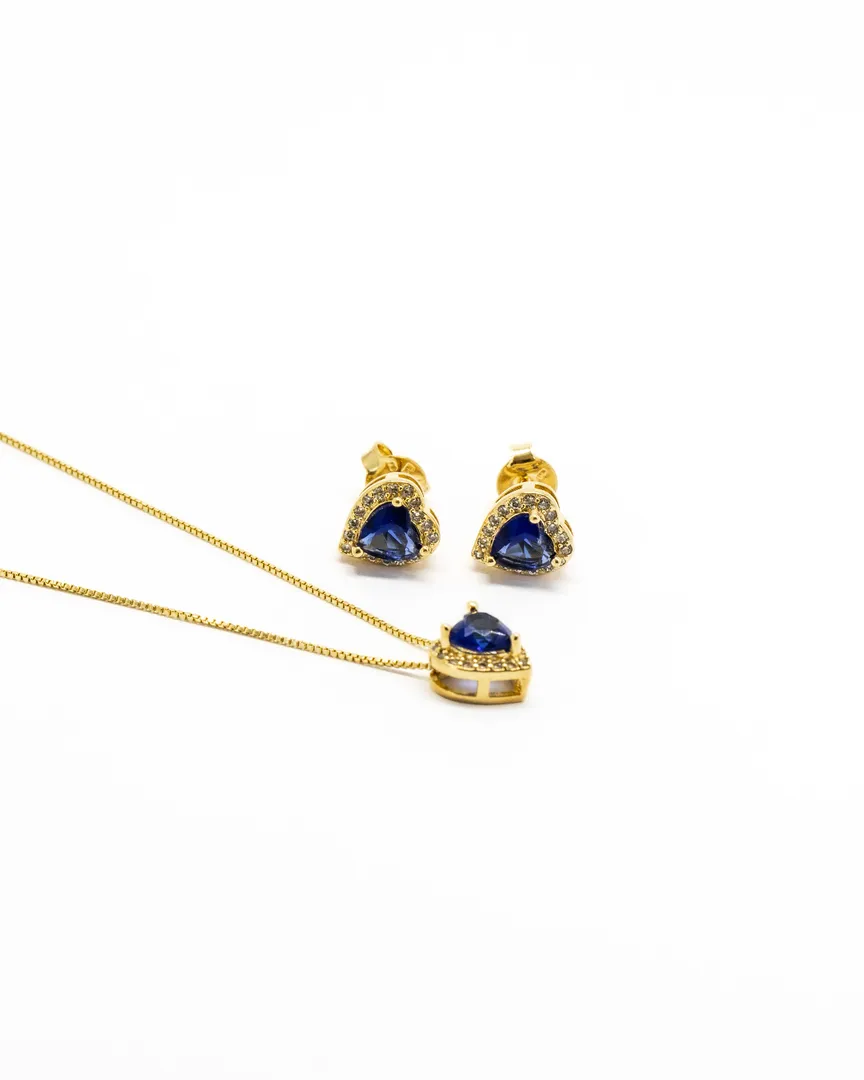 CONJUNTO CRAVEJADO CORAÇAO PEDRA AZUL