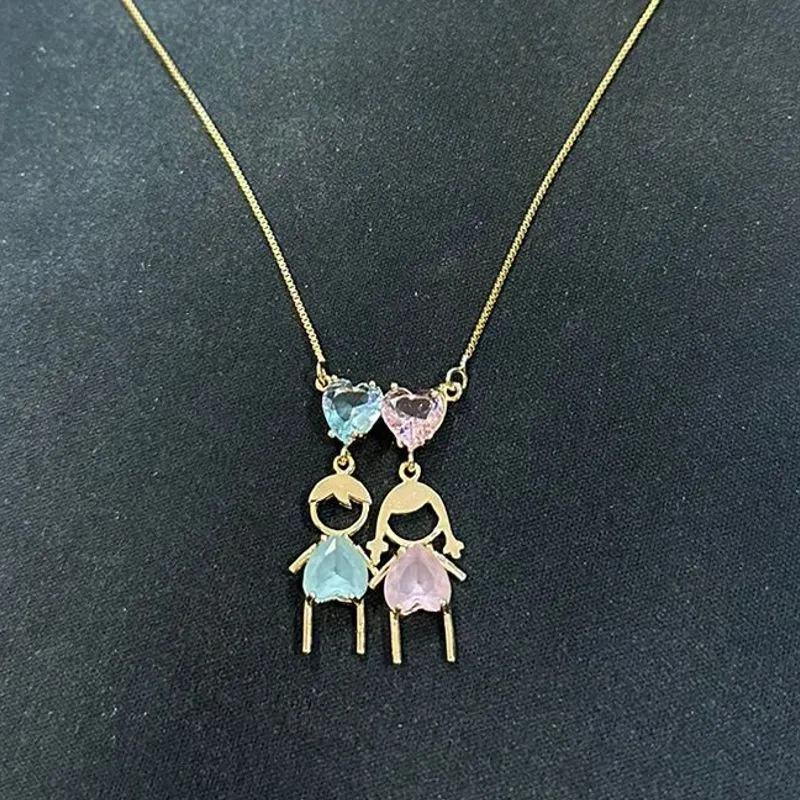 GARGANTILHA FILHOS CASAL CORAÇÃO AZUL E ROSA