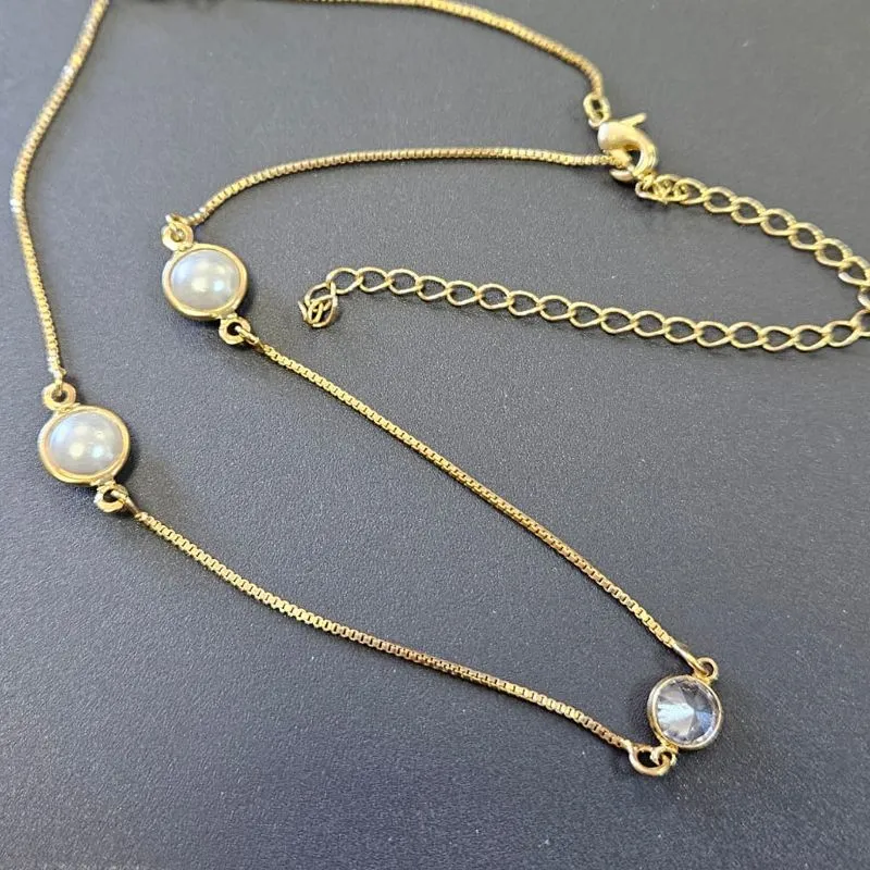 CHOCKER ELO VENEZIANA COM 2 PEROLAS E 2 PONTOS DE LUZ 32 CM COM  9 CM DE EXTENSOR