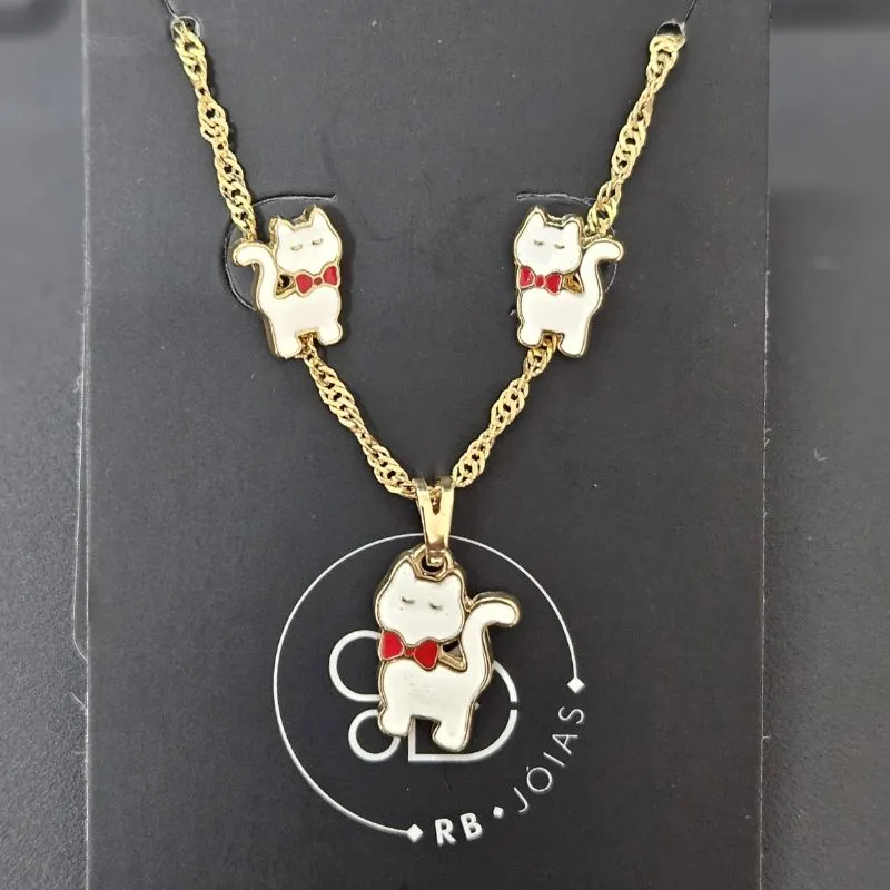 CONJUNTO INFANTIL GATO ELO SINGAPURA GARGANTILA E BRINCO