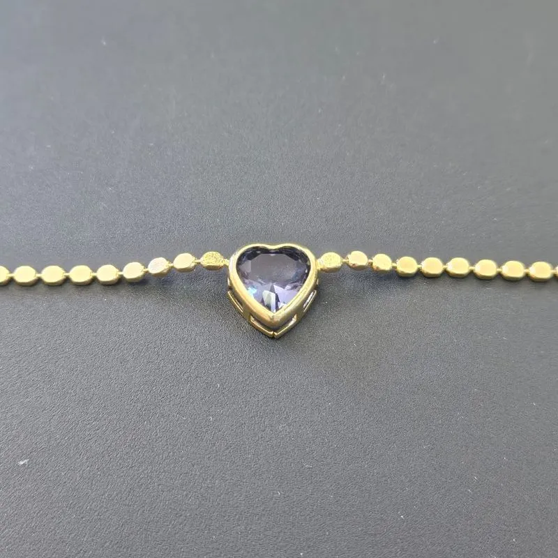 PULSEIRA ELO BOLINHA ACHATADA PEDRA CORACAO ROXO