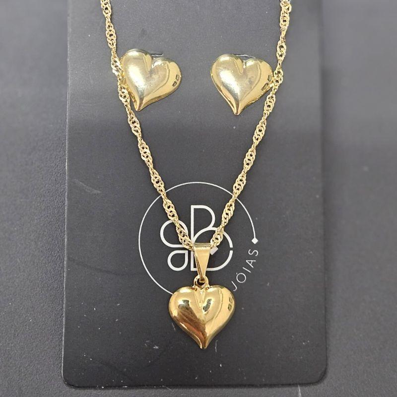 CONJUNTO CORAÇÃO LISO ABAULADO ELO SINGAPURA GARGANTILHA E BRINCO