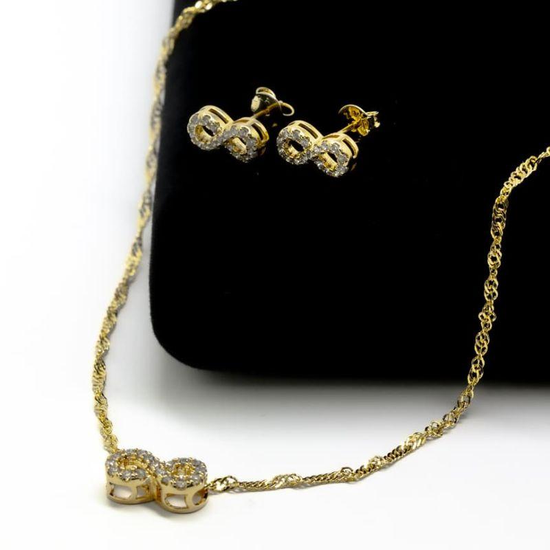 CONJUNTO INFINITO CRAVEJADO ELO SINGAPURA GARGANTILHA E BRINCO