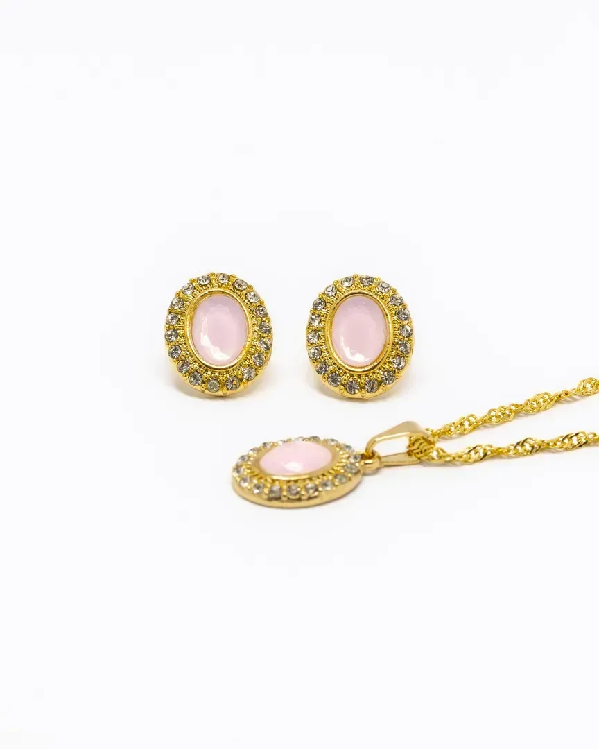 CONJUNTO PEDRA OVAL CRAVEJADO ELO SINGAPURA GARGANTILHA E BRINCO