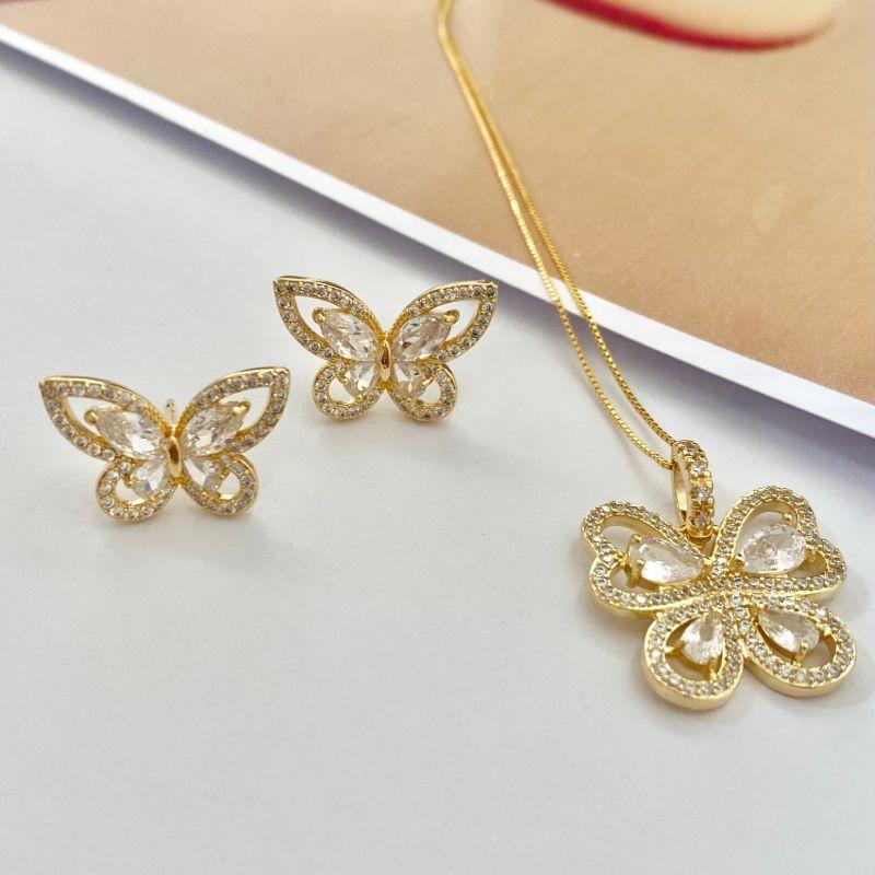 CONJUNTO BORBOLETA CRAVEJADO COM PEDRAS CRISTAL BRINCO E GARGANTILHA