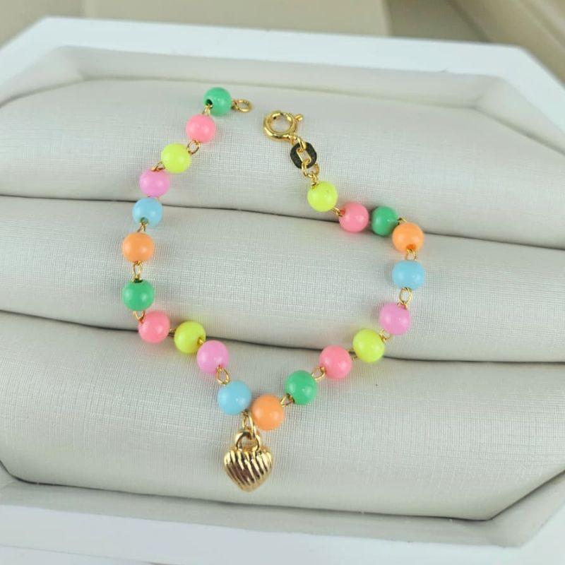 PULSEIRA INFANTIL COLORIDA PINGENTE CORAÇÃO